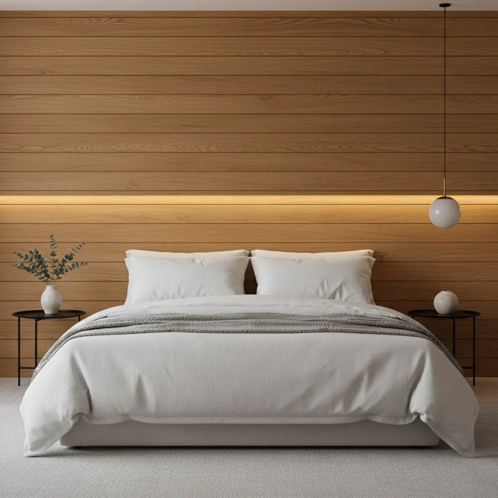 pared de madera detrás del cabecero de una cama en dormitorio moderno