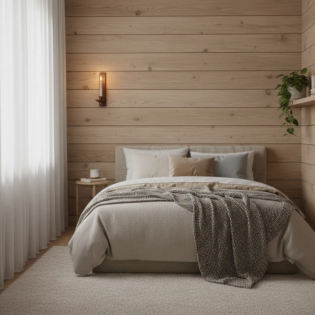 wood wall candle sconce creating warm light in a small bedroom