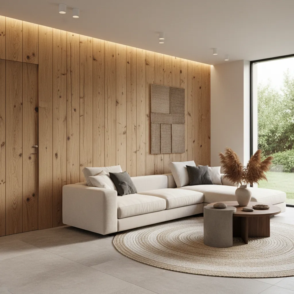 Panelado de madera en pared de salón moderno