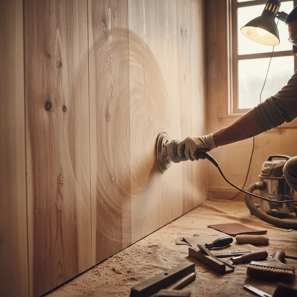 proceso de lijado de pared de madera antes de pintar