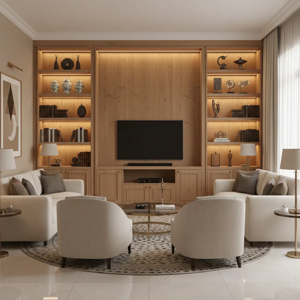 Warm wooden wall showcase with shelves and cabinets in a living room hall