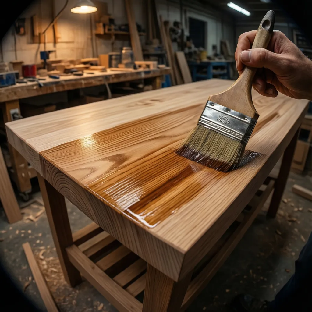 applying protective finish to wooden tabletop to prevent warping