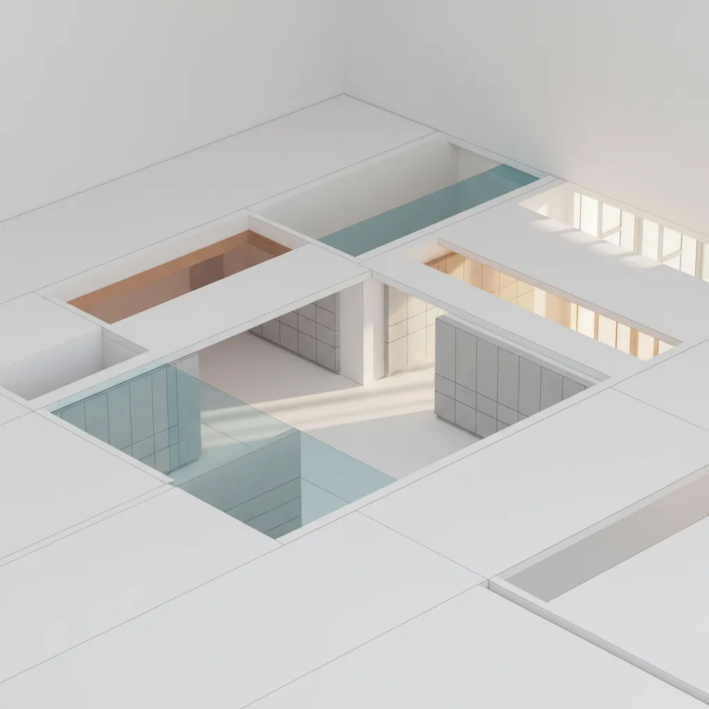 Minimalist interior design drawing showing white room layout with grey wall panels and natural sunlight