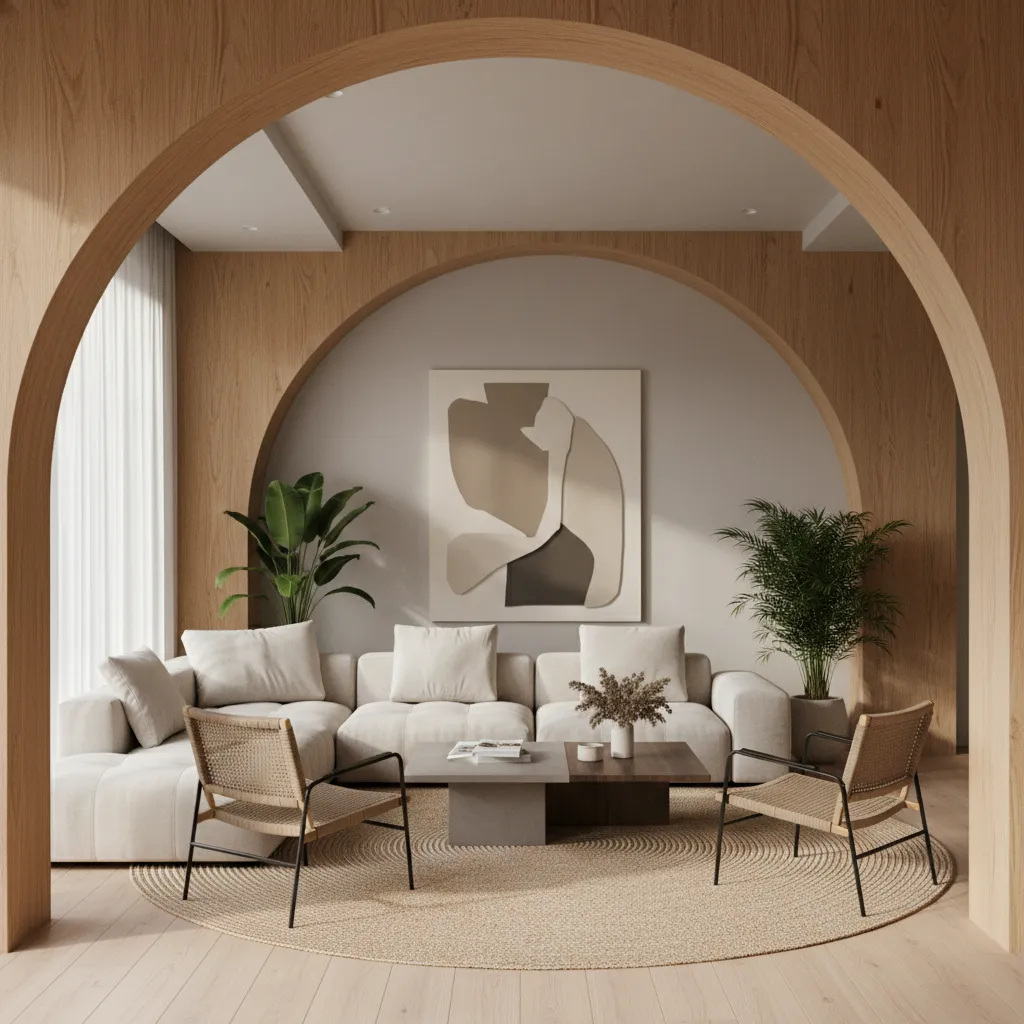 5 wooden arch designs in living room that elevate everyday interiors