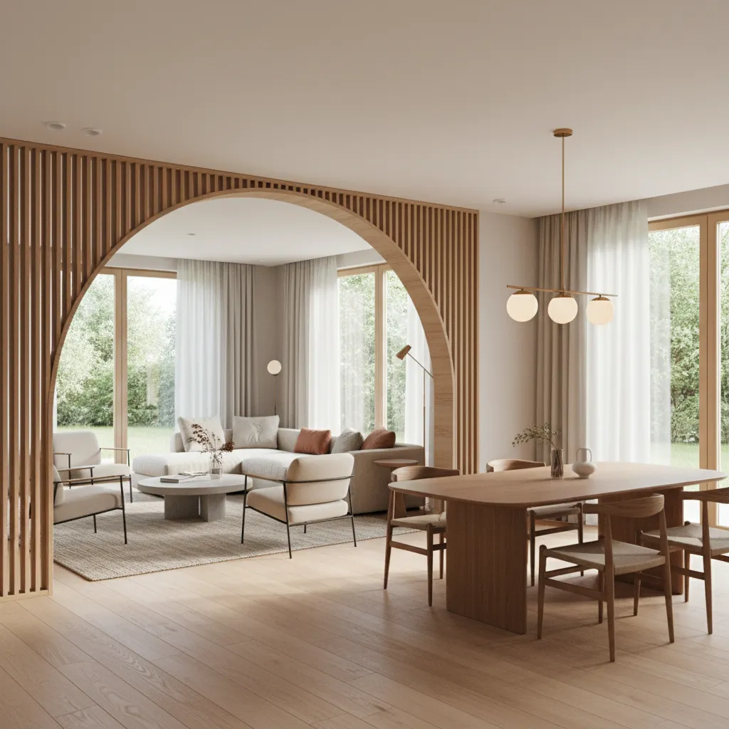 Wooden arch partition between living room and dining area