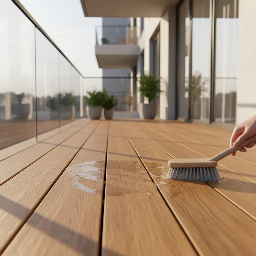 gentle cleaning of wooden balcony decking using soft brush