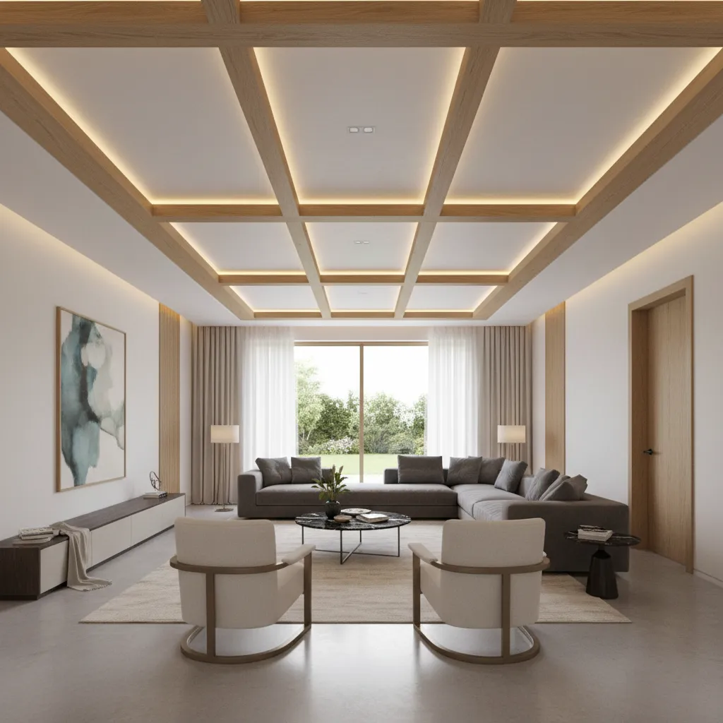 POP ceiling with wooden beam design in living room hall