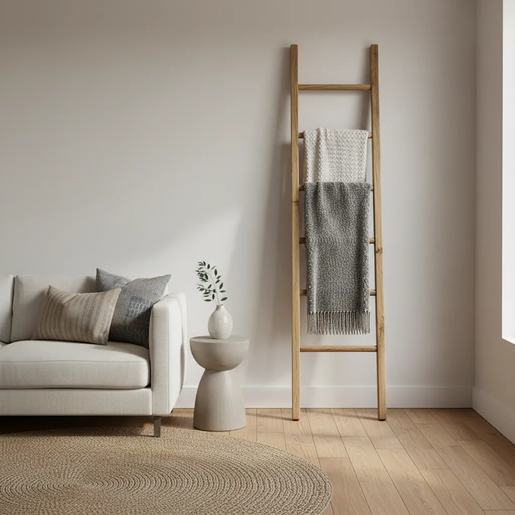Wooden blanket ladder with draped throws leaning against wall