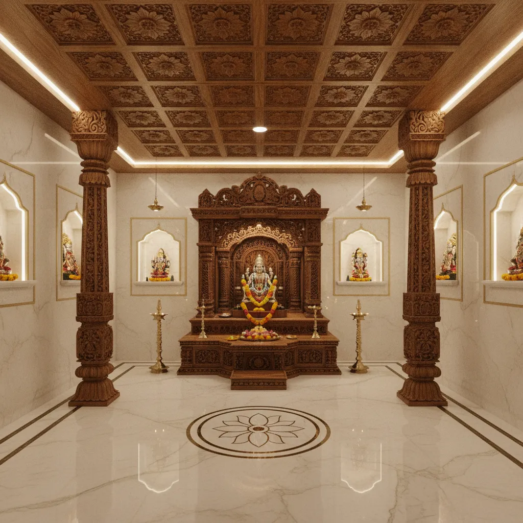 Traditional wooden carved ceiling in home temple
