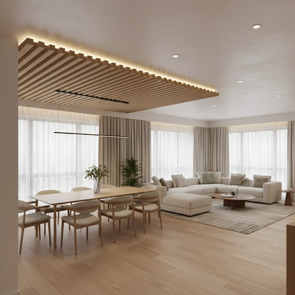 Wooden slat ceiling accent above dining zone in L shaped hall