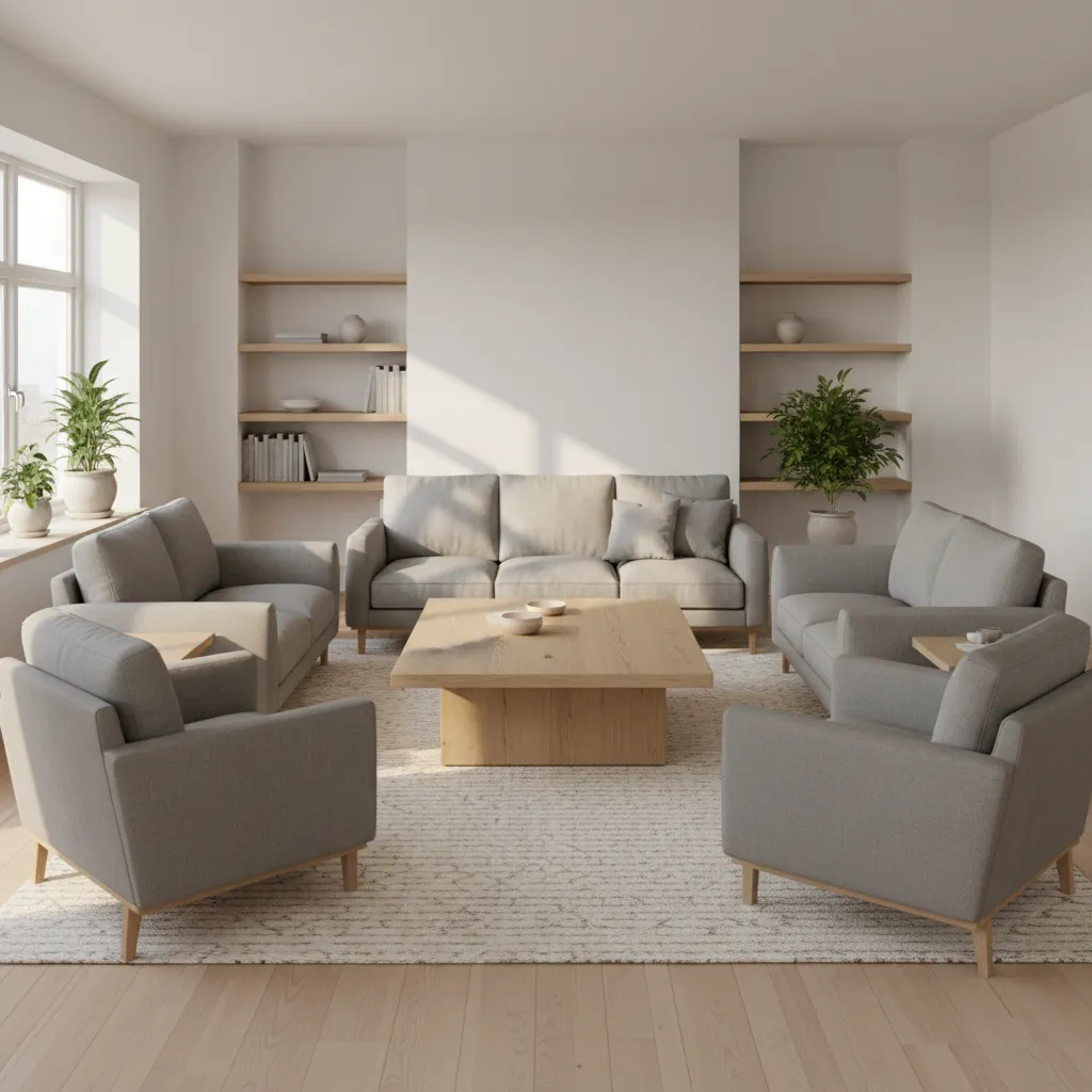 Wooden center table placed between sofas in a bright modern drawing room
