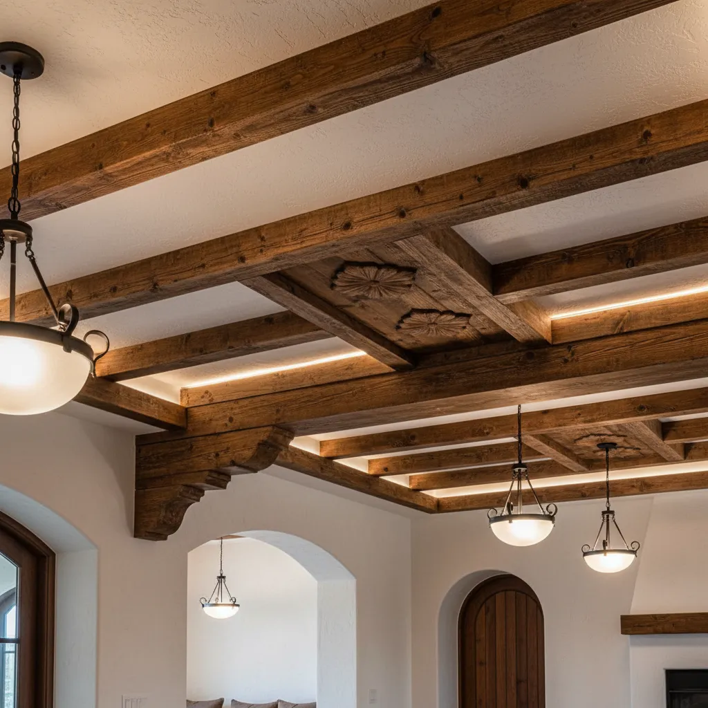 Wooden beams on white ceiling with multiple ceiling lights and several white arched wall openings