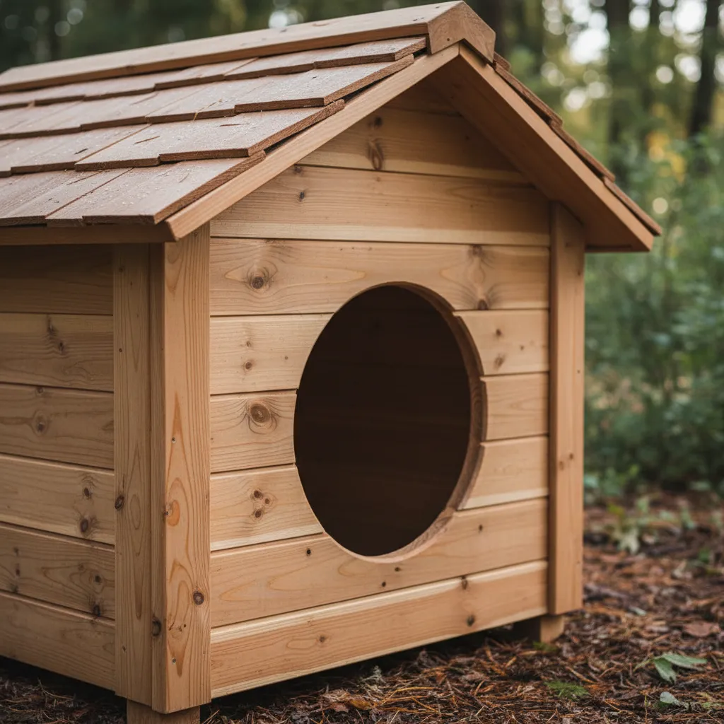 Interior design drawing of wood dog house with round door and wood roof in forest