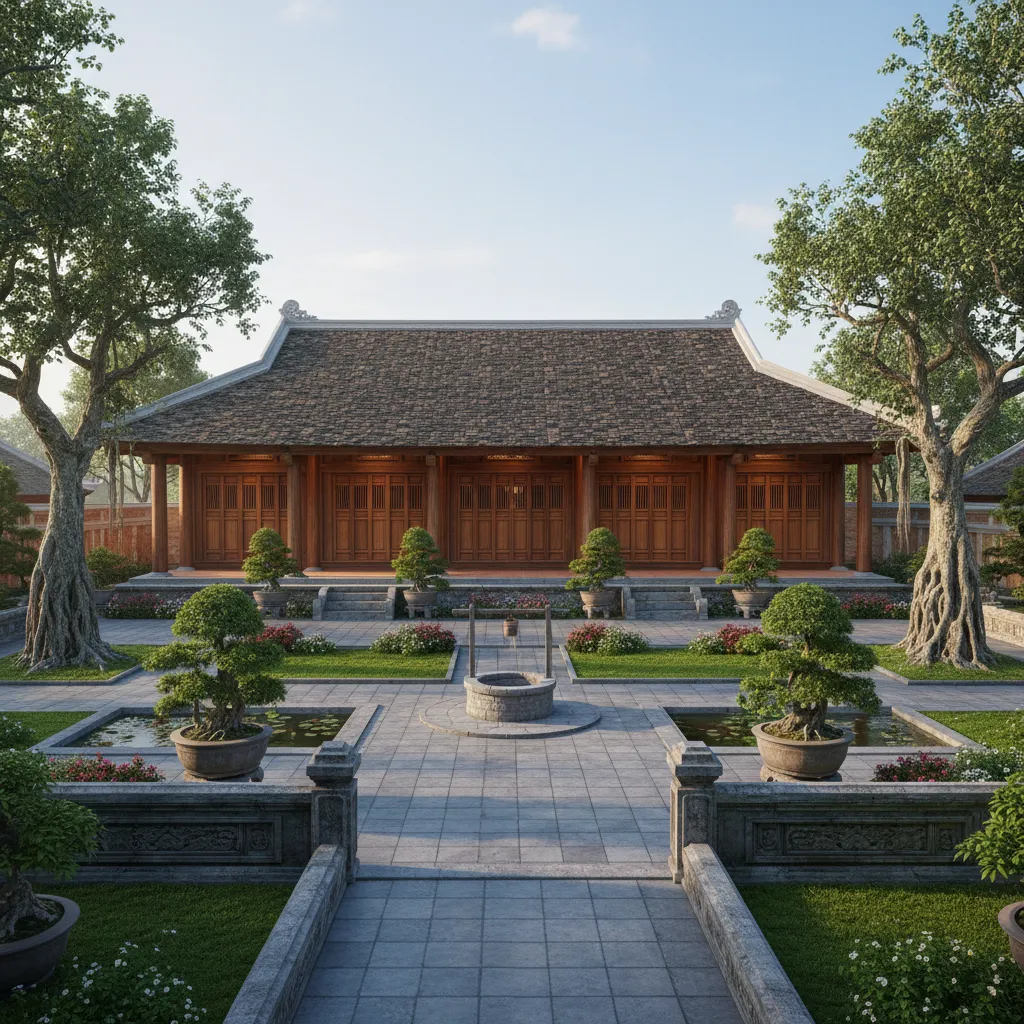 Traditional wooden house with tiled roof facing stone courtyard with water well and green trees