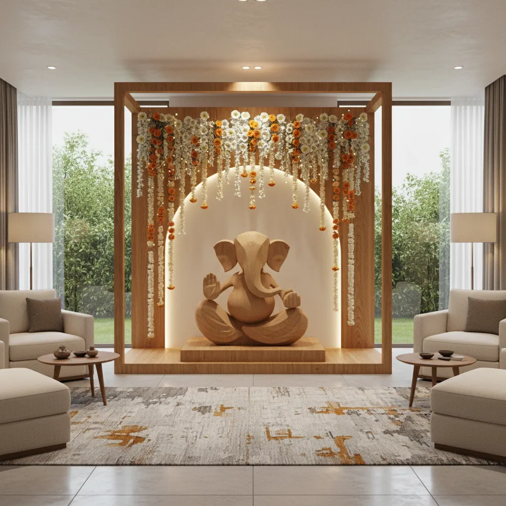 wooden frame Ganesh backdrop decoration with flowers