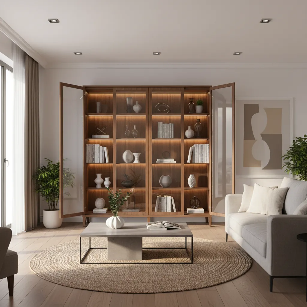Wooden Showcase Designs for Living Room with Glass: Modern glass‑front wooden showcases that display décor beautifully while keeping your living room organized and visually light.