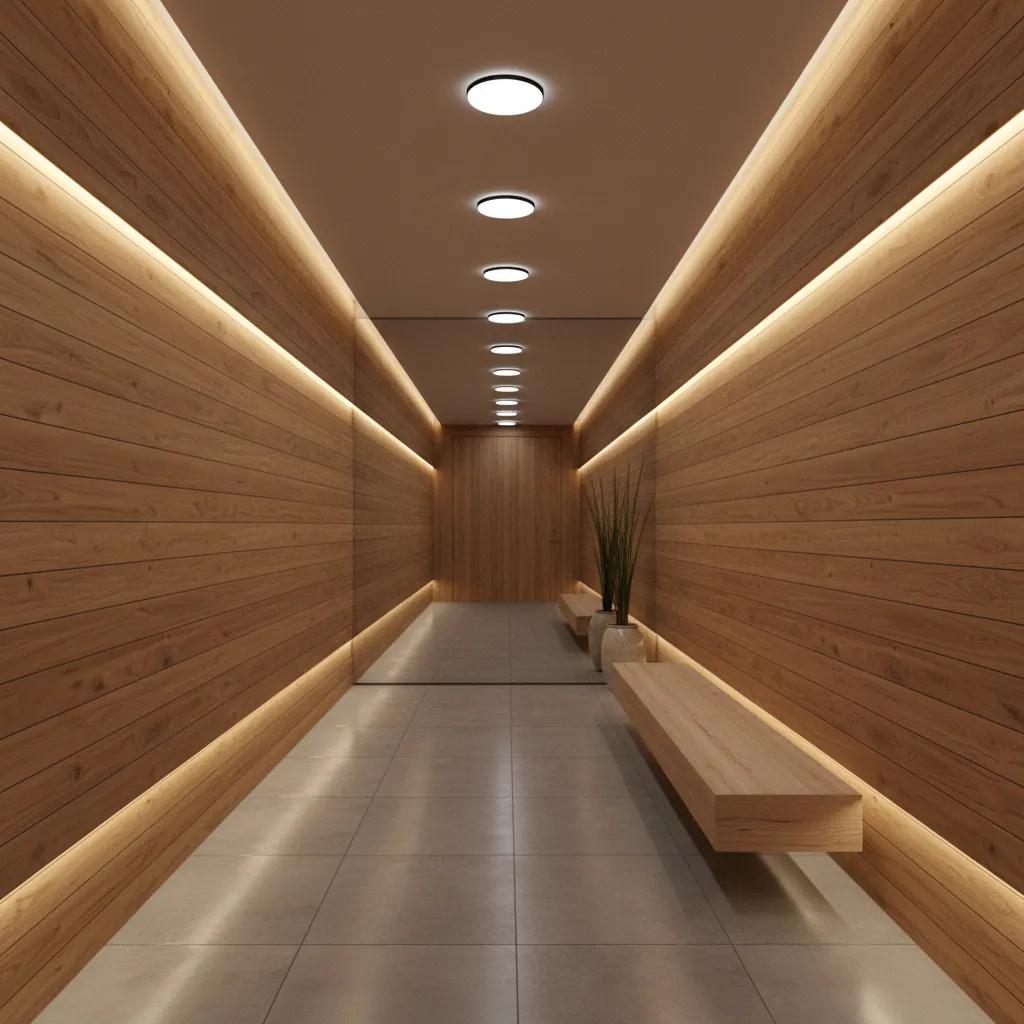 wood panel hallway with layered ceiling and wall lighting