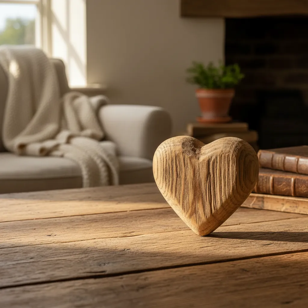 rustic wooden heart decoration with visible wood grain on farmhouse table