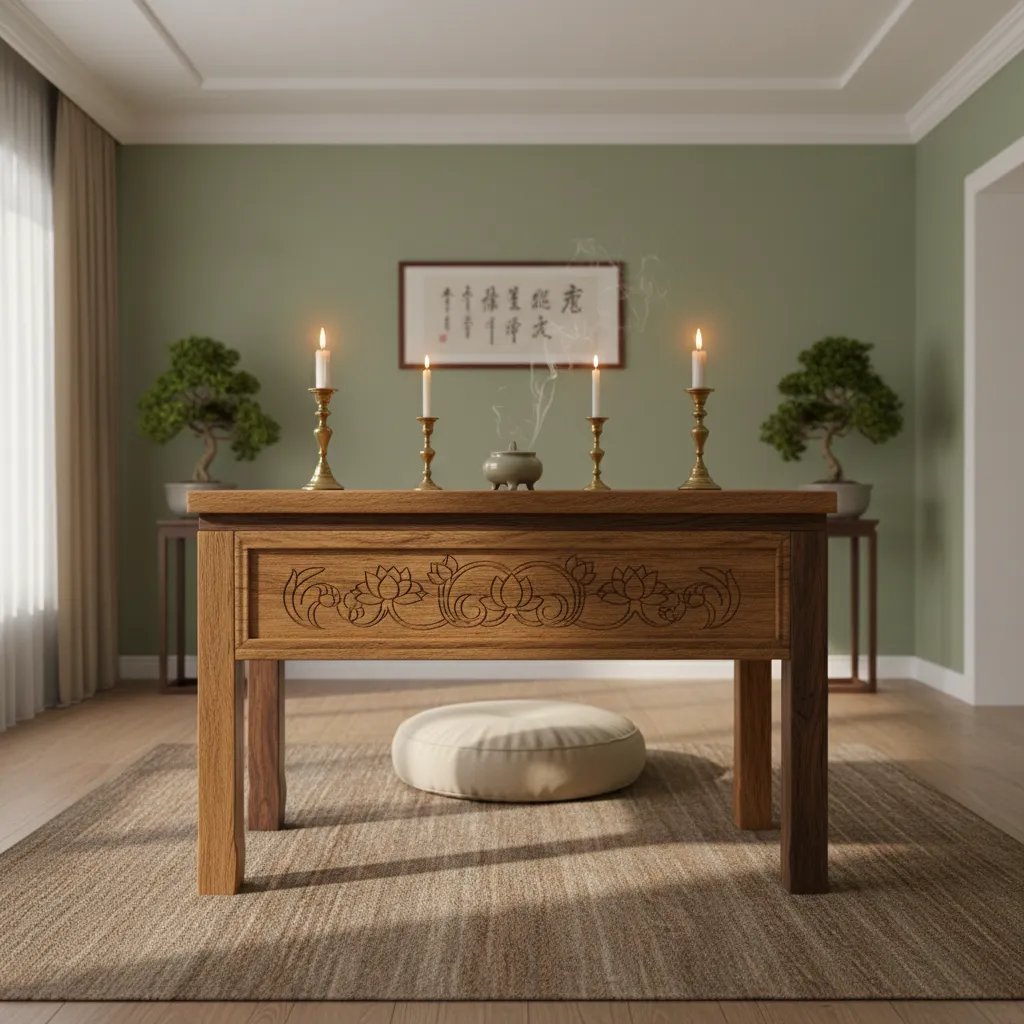 traditional wooden home altar table with warm natural texture