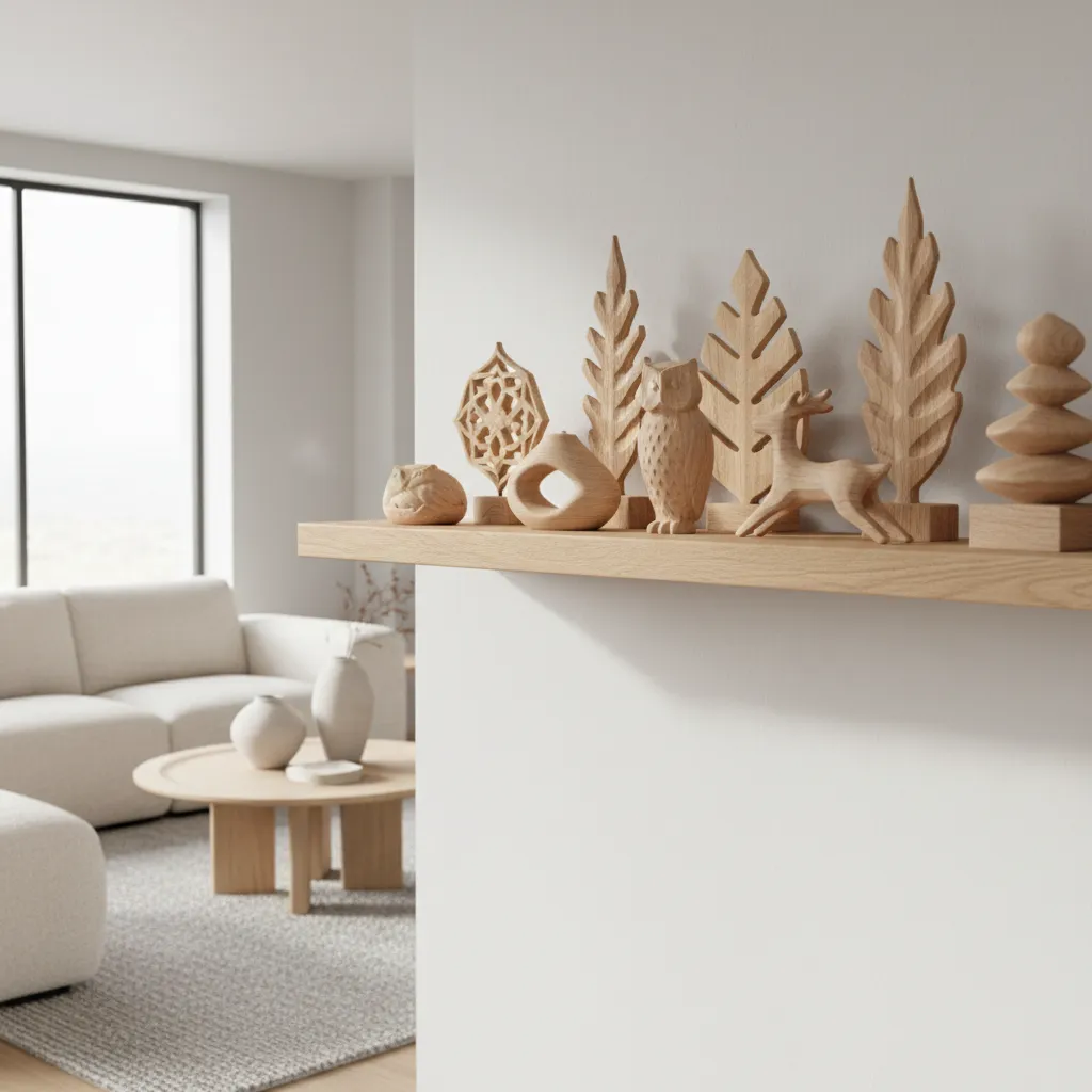 wooden decorative objects arranged neatly on interior shelves