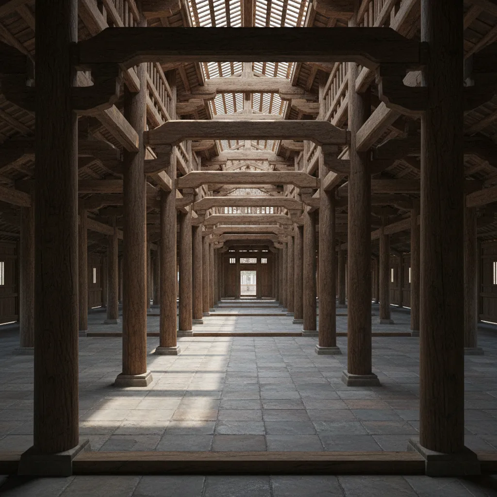 Large wooden house interior showing tall pillars and a complex roof structure with natural light
