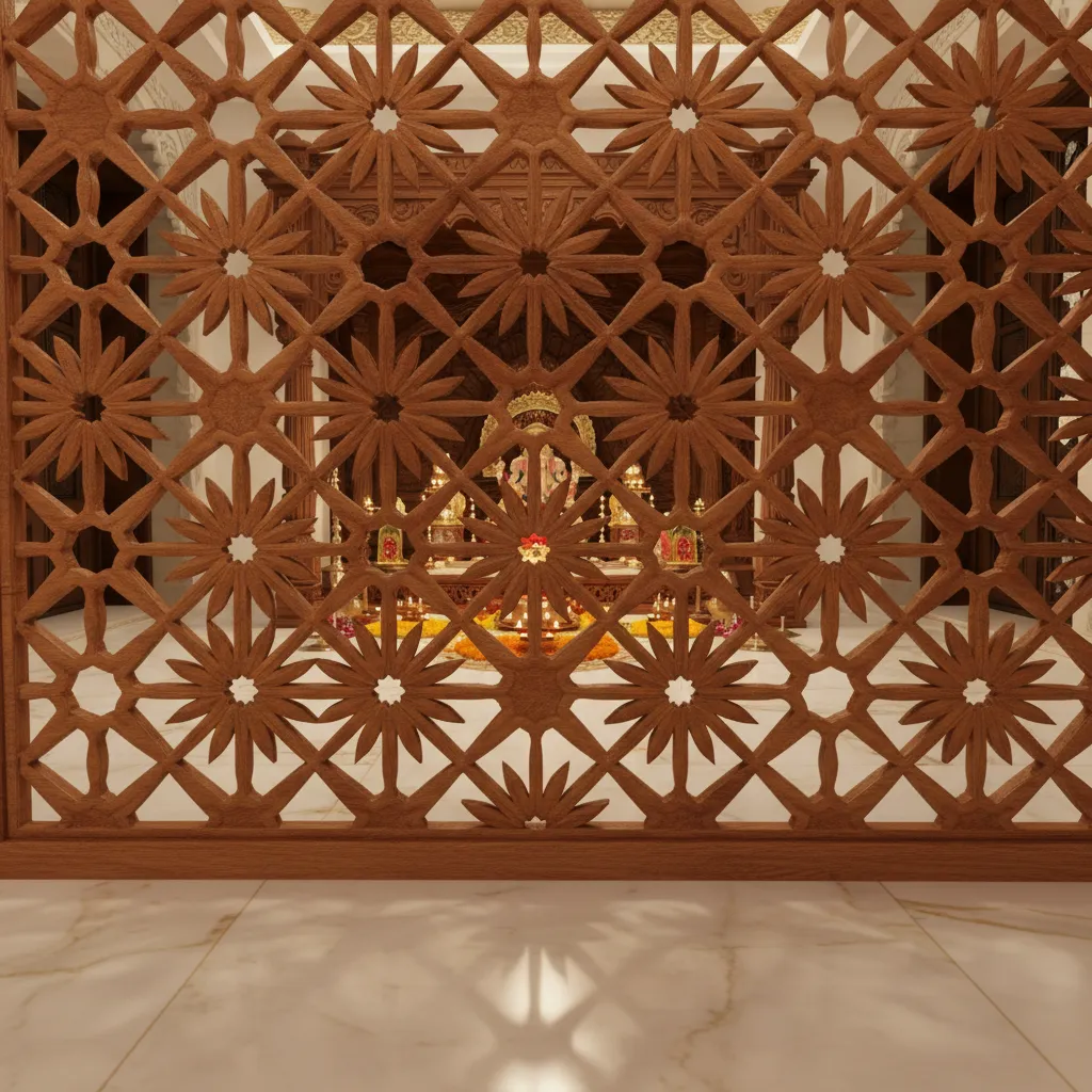 intricate wooden jaali partition with spiritual pattern in pooja room