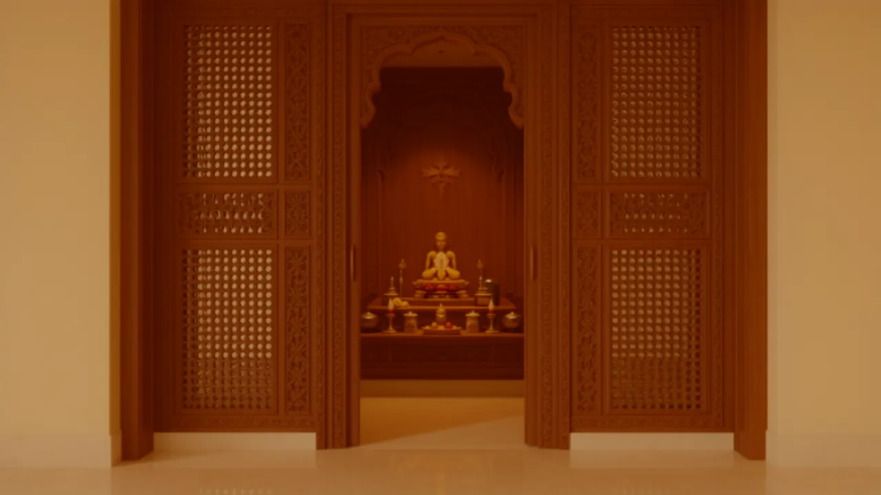 Traditional wooden jali gate design for a compact puja room