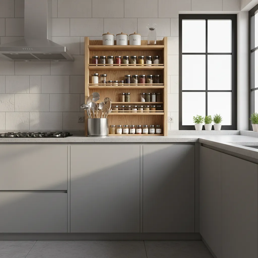 Kitchen layout showing wooden rack near cooking and prep zone