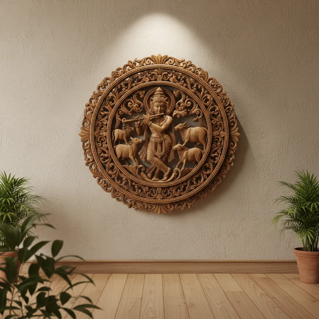 traditional wooden carved Krishna wall hanging mounted on warm interior wall