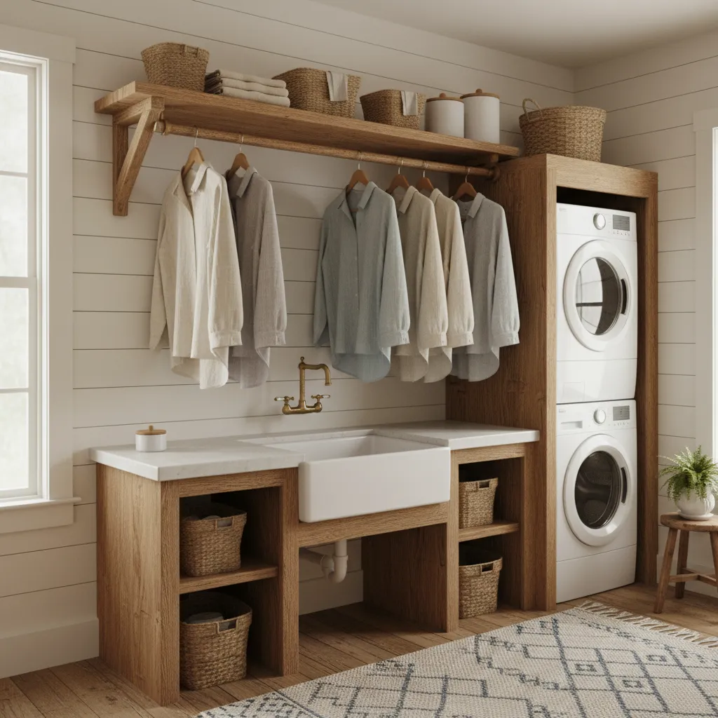 Farmhouse style laundry room with wooden clothes rod and open shelving