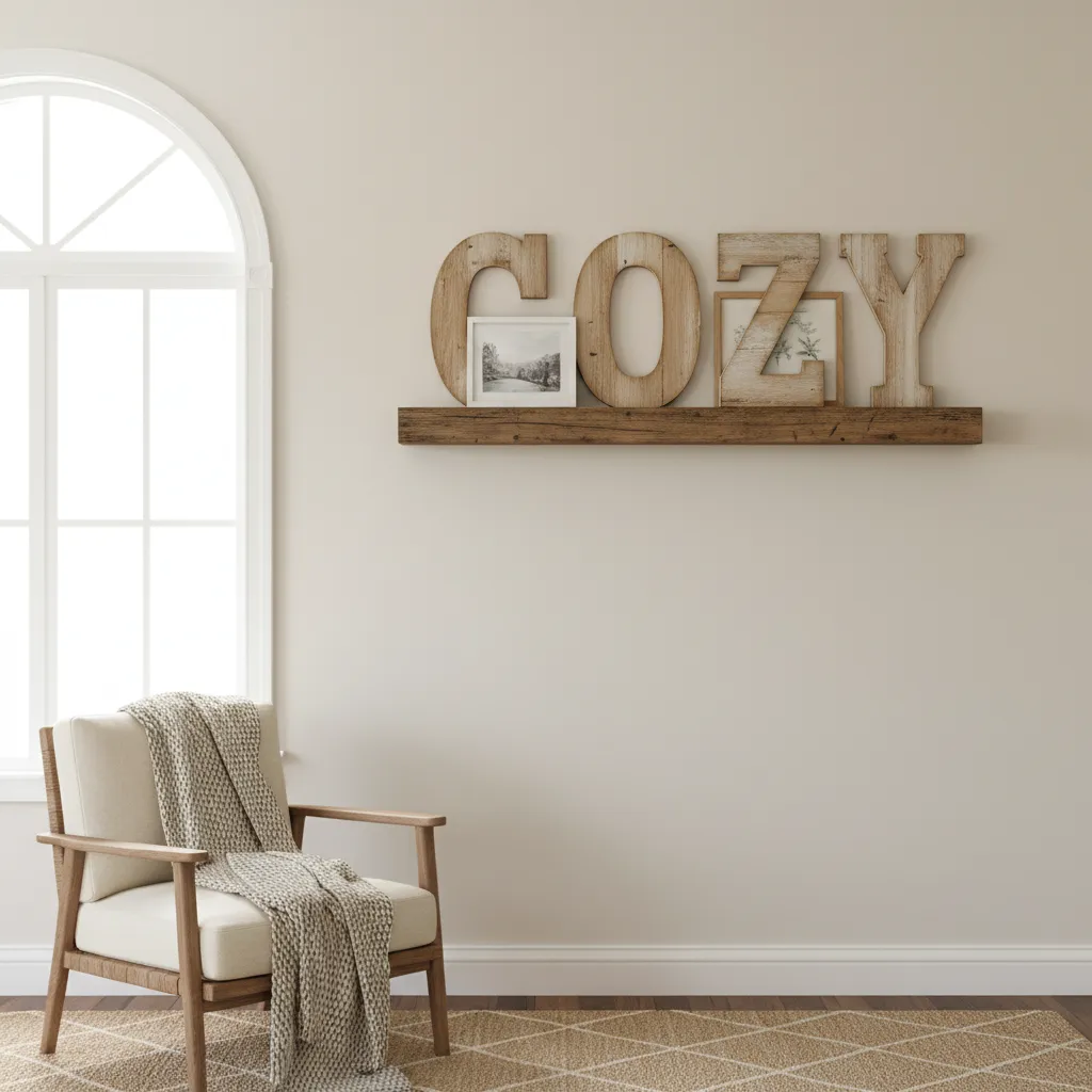 Decorative wooden letters displayed on a cozy living room wall