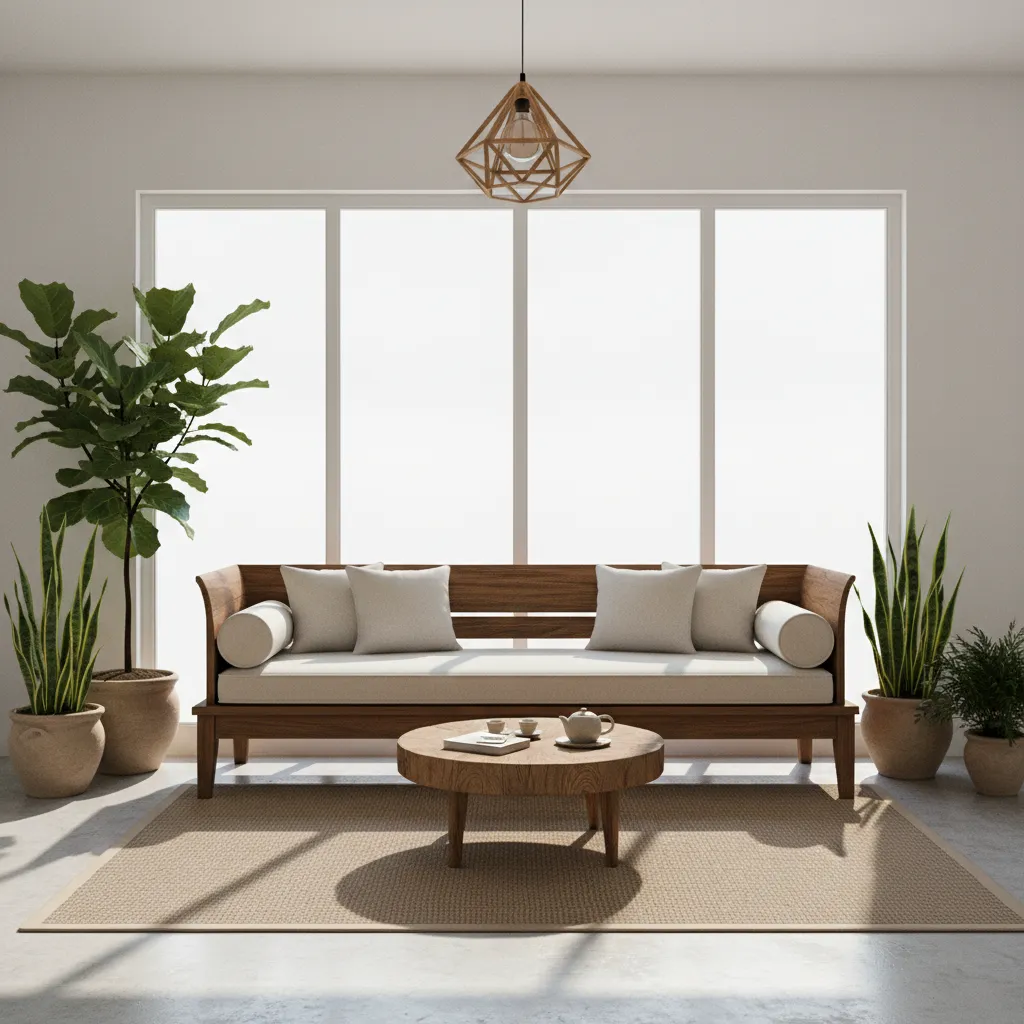 Bố trí phòng khách bàn ghế gỗ gần cửa sổ ánh sáng tự nhiên