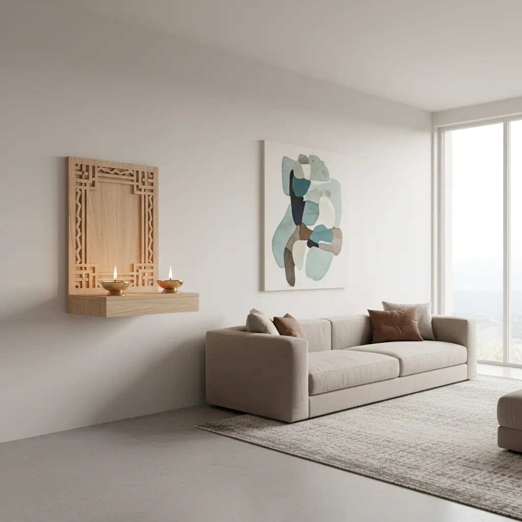 Minimal wooden mandir unit in a modern living room
