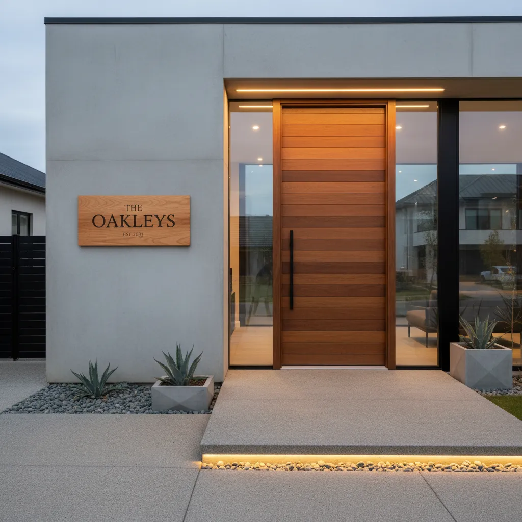 Modern home entrance featuring a wood door, name sign, glass windows, warm lights, and plants