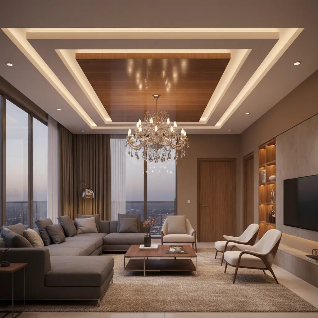 POP ceiling with wooden center panel feature in hall