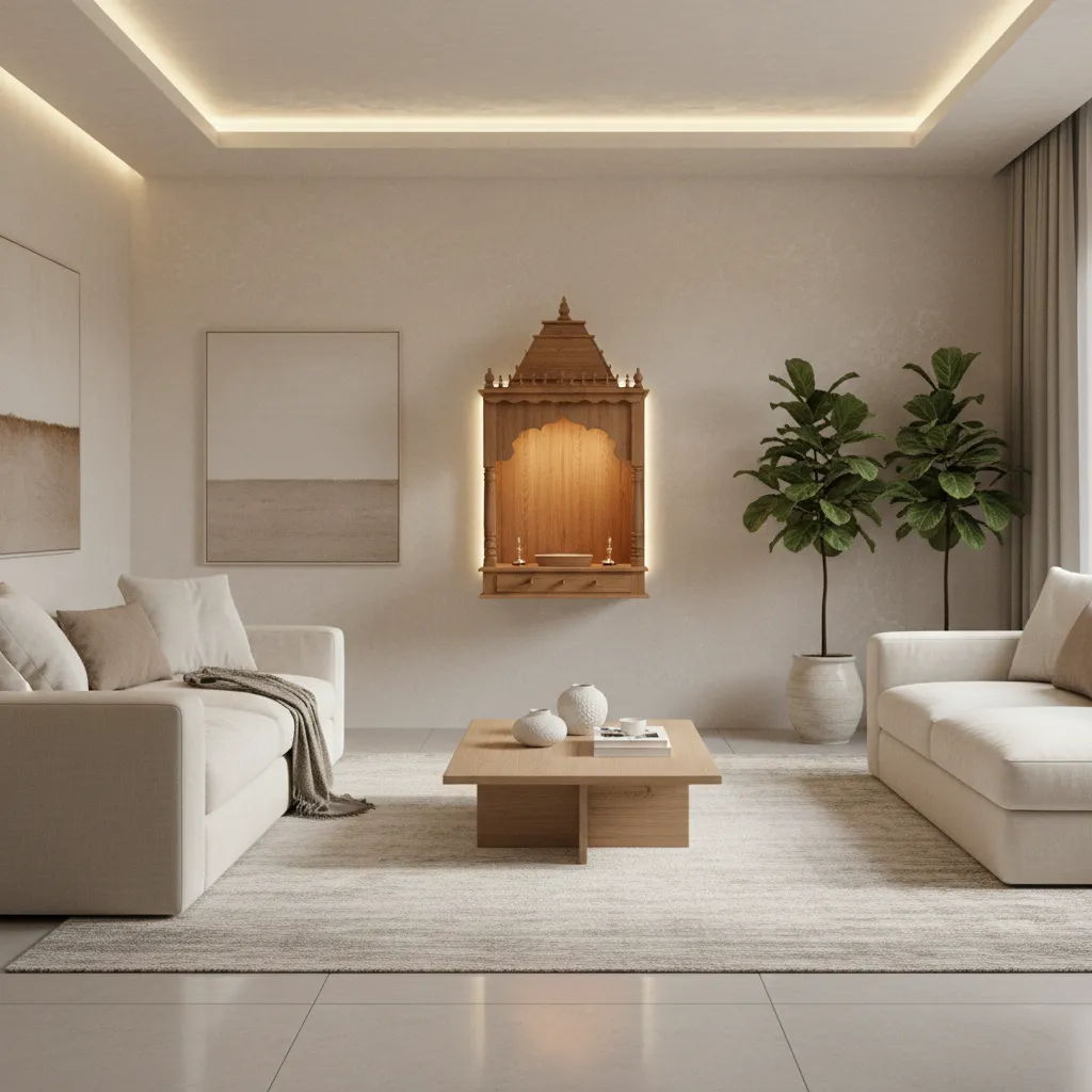 simple wooden pooja mandir in modern living room interior