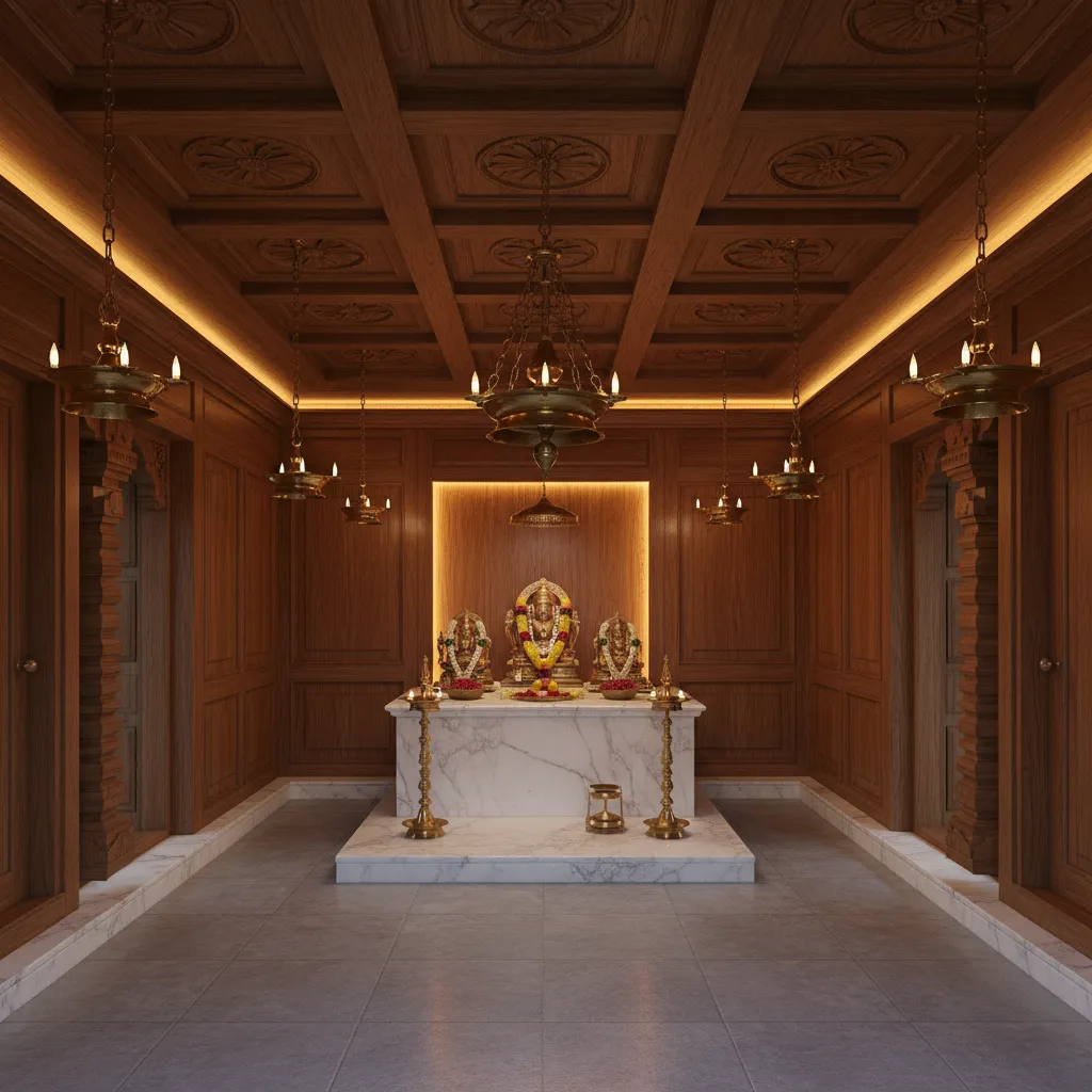 South Indian pooja room with wooden beam false ceiling design