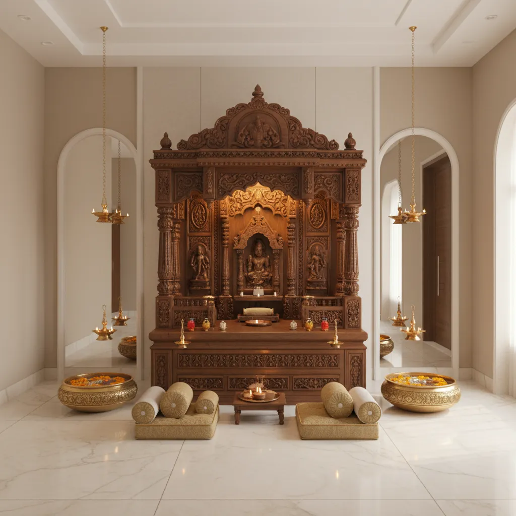 Home pooja room with wooden mandir and soft warm lighting