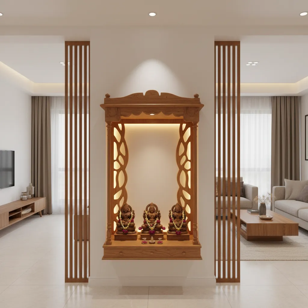 Wooden pooja room designs for home that elevate small spaces