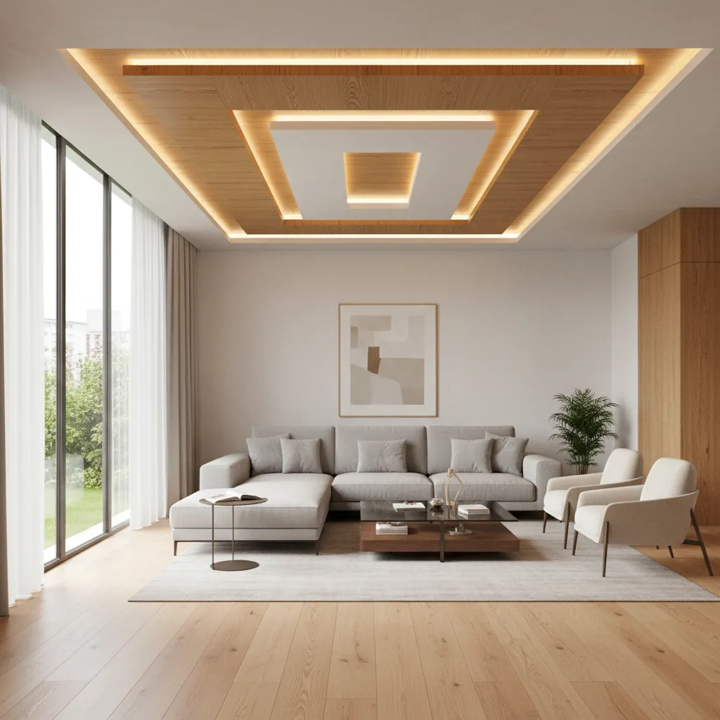 Living room with modern wooden POP ceiling design