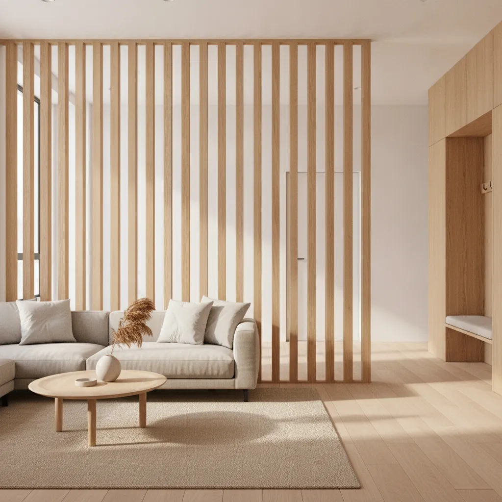 Vertical wooden slat partition separating modern living room and hallway