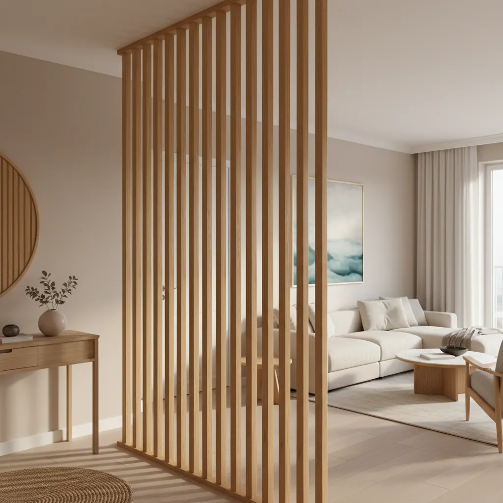 vertical wooden slat partition between drawing room and entrance lobby