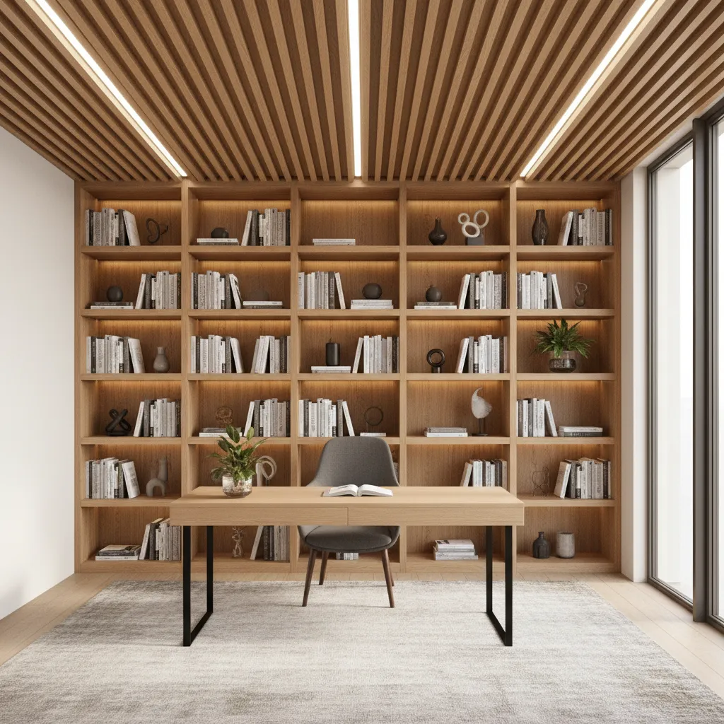 Modern study room with wooden slat false ceiling and recessed lighting