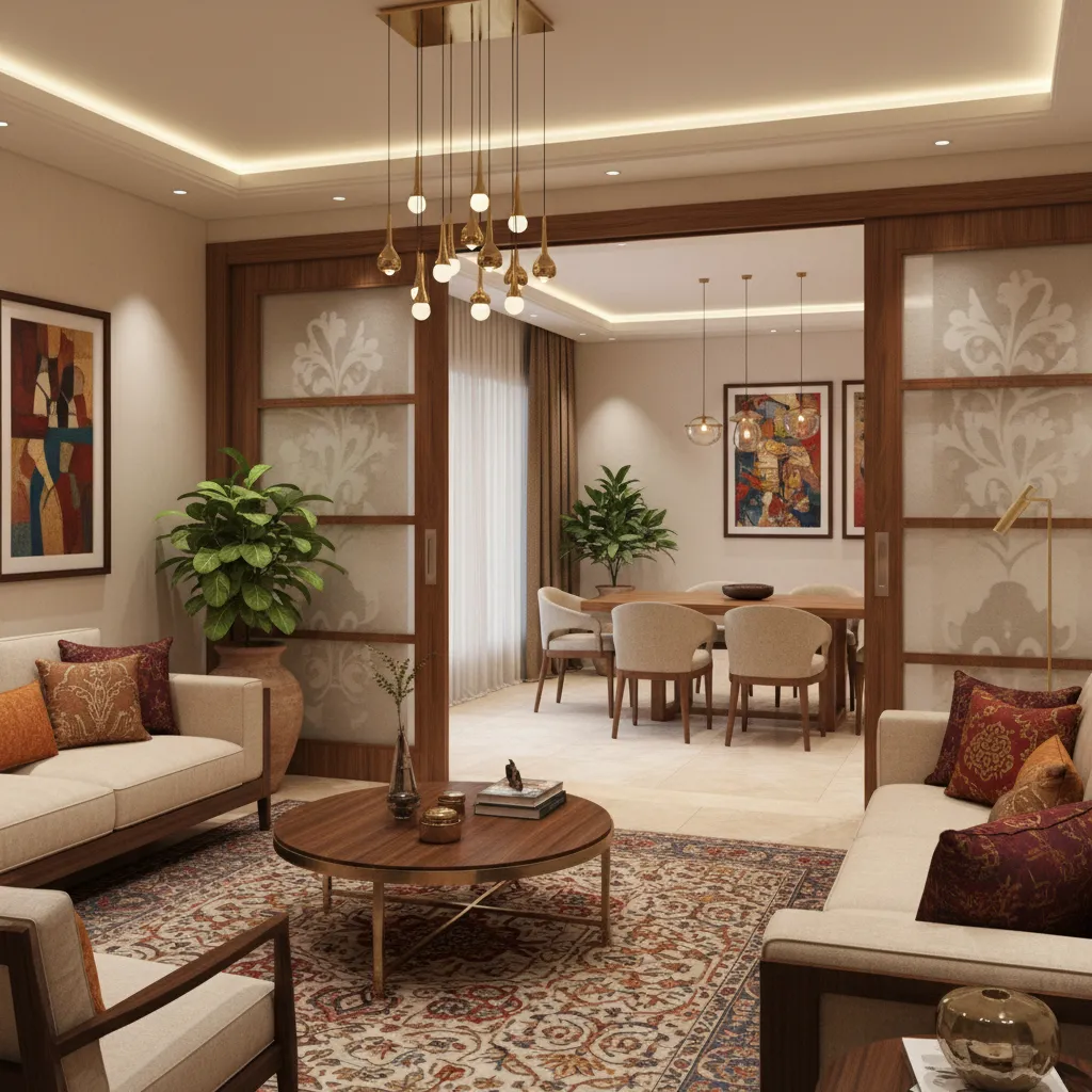 Wooden sliding door partition between living and dining room