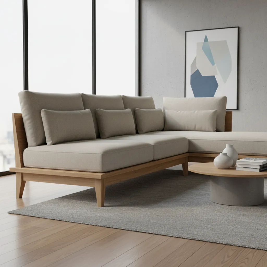 Wooden sofa design showing cushion depth and ergonomic backrest
