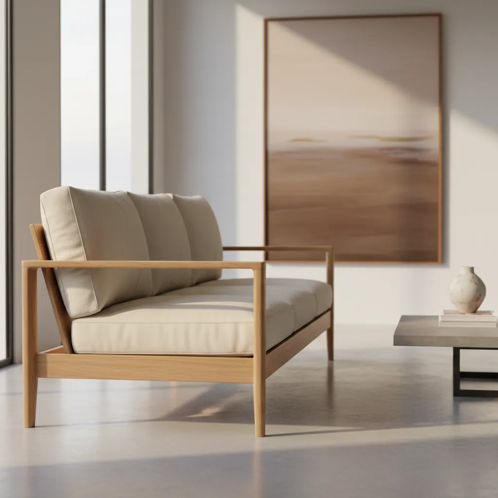 Side view of light wood sofa with beige cushions on concrete floor with natural sunlight