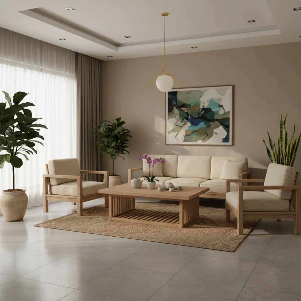 Phòng khách với bộ bàn ghế gỗ tự nhiên và ánh sáng cửa sổ