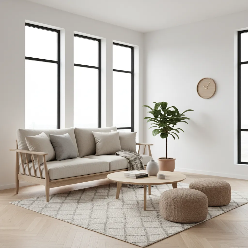 Modern living room with beige sofa, wooden coffee table, two footrests, large windows, and plant