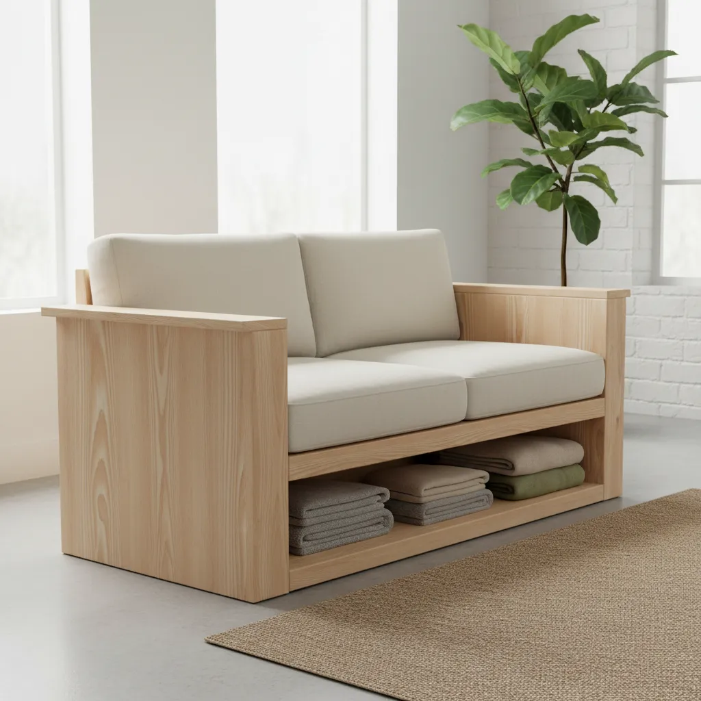 wooden sofa with hidden storage under cushions