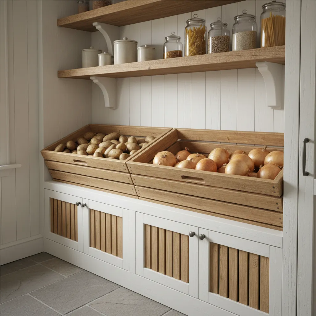 wooden slatted storage bin for potatoes and onions in pantry